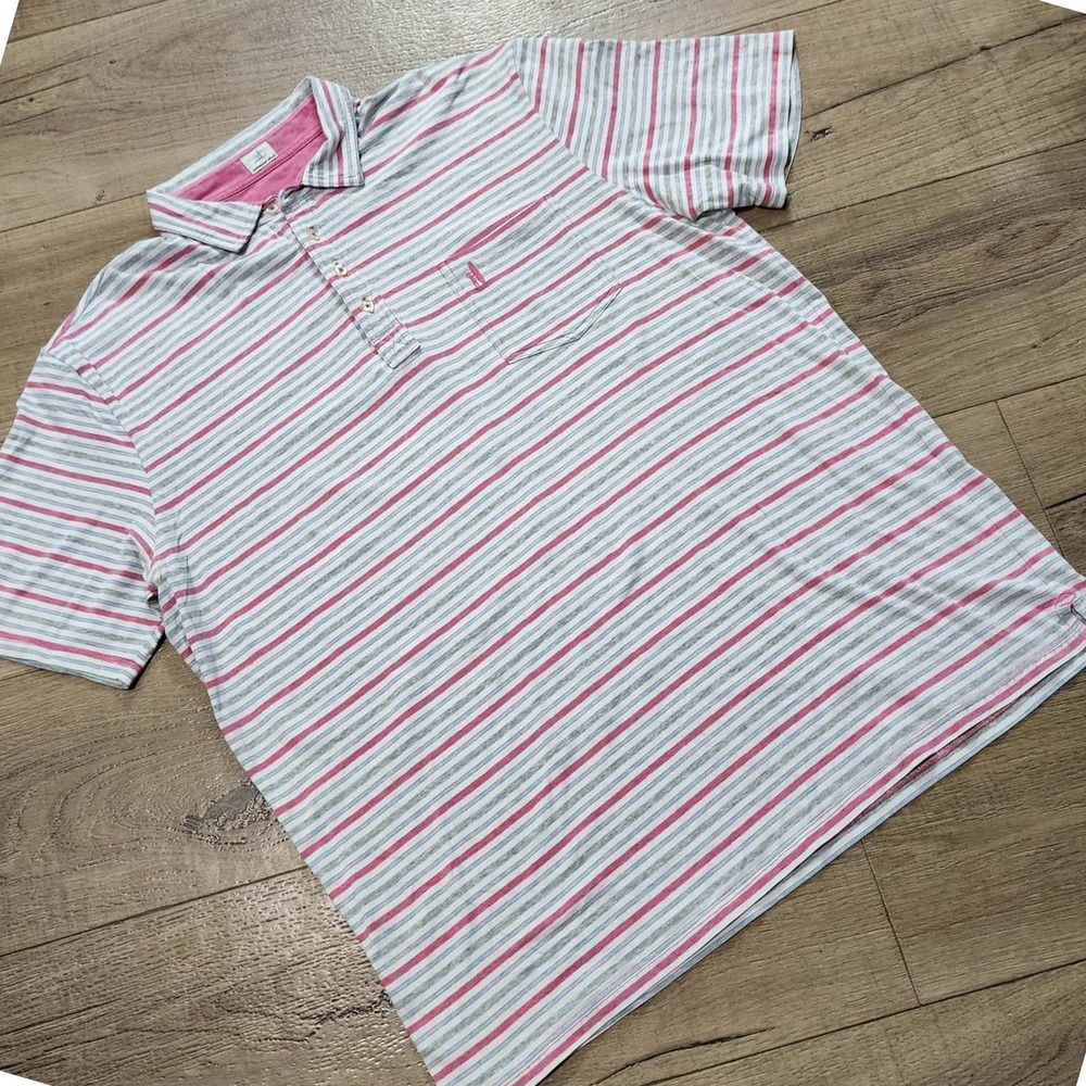 Johnnie-O Hangin Out Mens XL Polo Shirt Pink Blue Striped Short Sleeve Cotton
